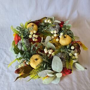 Fall Holiday Hanging Wreath 13" x 13" x 3.5" Leaves Apples Floral Artificial New